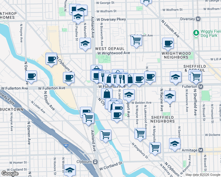 map of restaurants, bars, coffee shops, grocery stores, and more near 1501 West Fullerton Avenue in Chicago