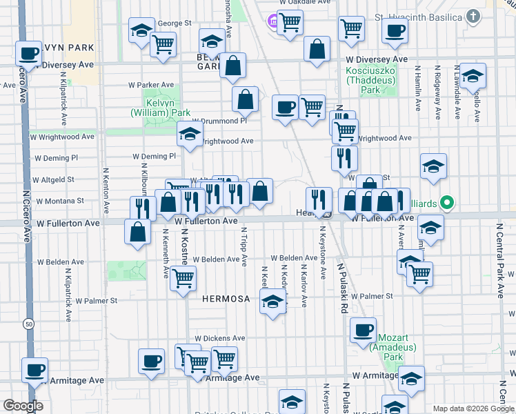 map of restaurants, bars, coffee shops, grocery stores, and more near 2414 North Keeler Avenue in Chicago