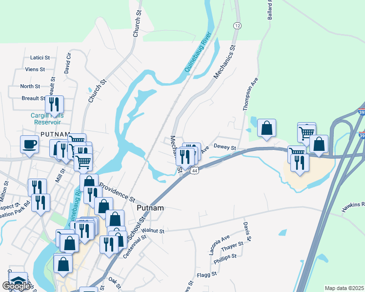 map of restaurants, bars, coffee shops, grocery stores, and more near 40 Groveland Avenue in Putnam