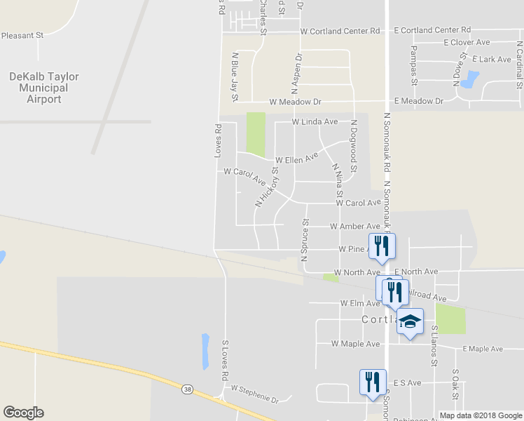 map of restaurants, bars, coffee shops, grocery stores, and more near 104 North Hickory Street in Cortland