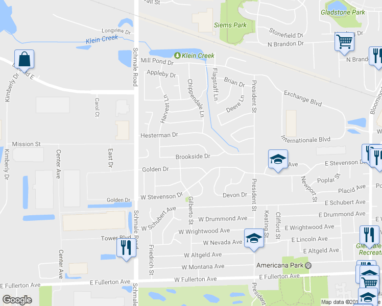 map of restaurants, bars, coffee shops, grocery stores, and more near 110 Brookside Drive in Glendale Heights