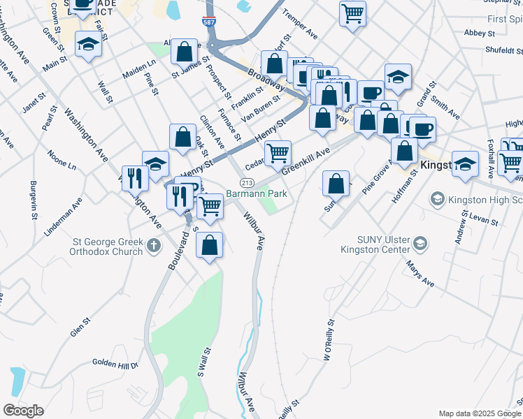 map of restaurants, bars, coffee shops, grocery stores, and more near 26 South Clinton Avenue in Kingston
