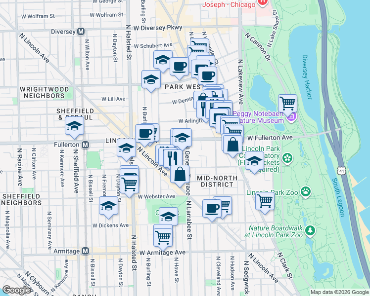 map of restaurants, bars, coffee shops, grocery stores, and more near 559 West Fullerton Avenue in Chicago