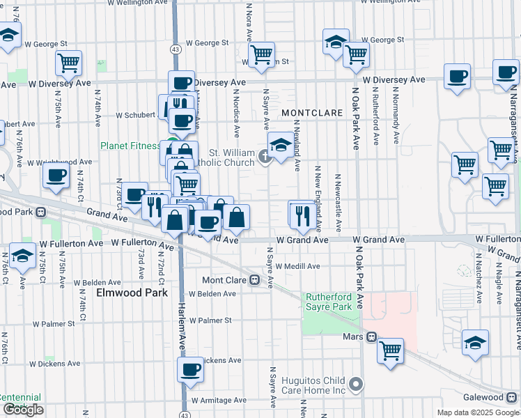 map of restaurants, bars, coffee shops, grocery stores, and more near 2446 North Sayre Avenue in Chicago