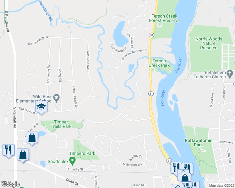 map of restaurants, bars, coffee shops, grocery stores, and more near 802 Wildrose Springs Drive in St. Charles