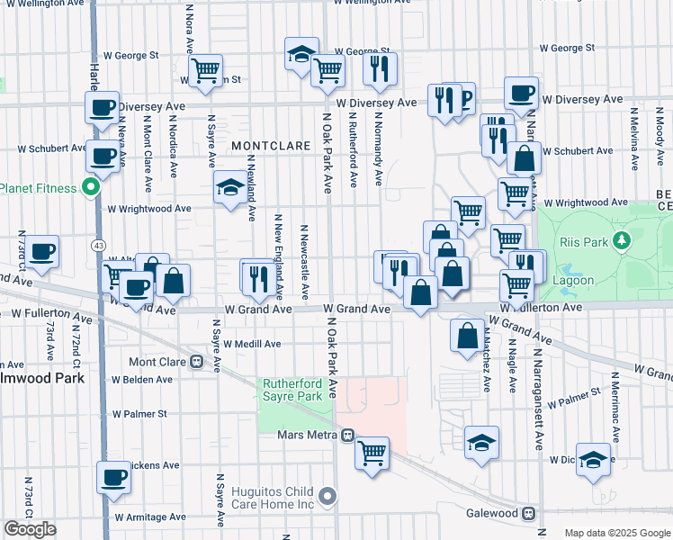 map of restaurants, bars, coffee shops, grocery stores, and more near 2445 North Oak Park Avenue in Chicago