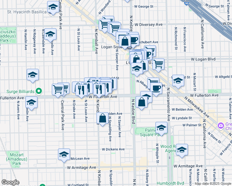 map of restaurants, bars, coffee shops, grocery stores, and more near 3248 W Fullerton Ave in Chicago
