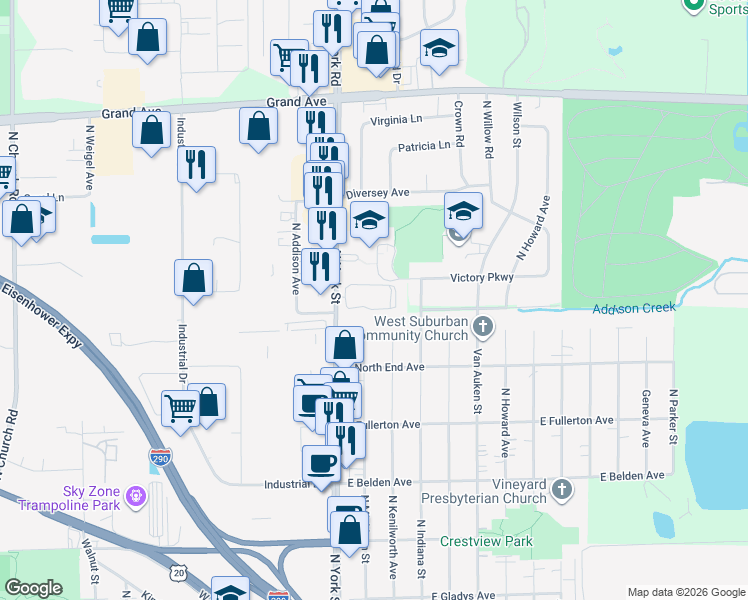 map of restaurants, bars, coffee shops, grocery stores, and more near 841 North York Street in Elmhurst