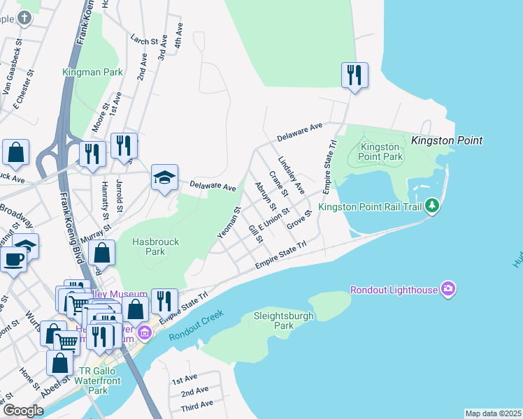 map of restaurants, bars, coffee shops, grocery stores, and more near 36 Ponckhockie Street in Kingston