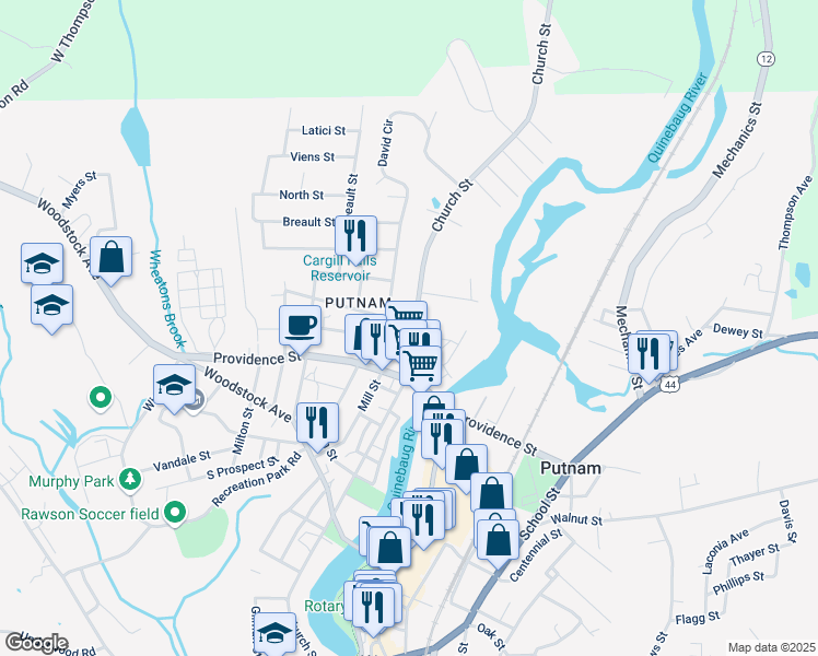 map of restaurants, bars, coffee shops, grocery stores, and more near 318 Church Street in Putnam