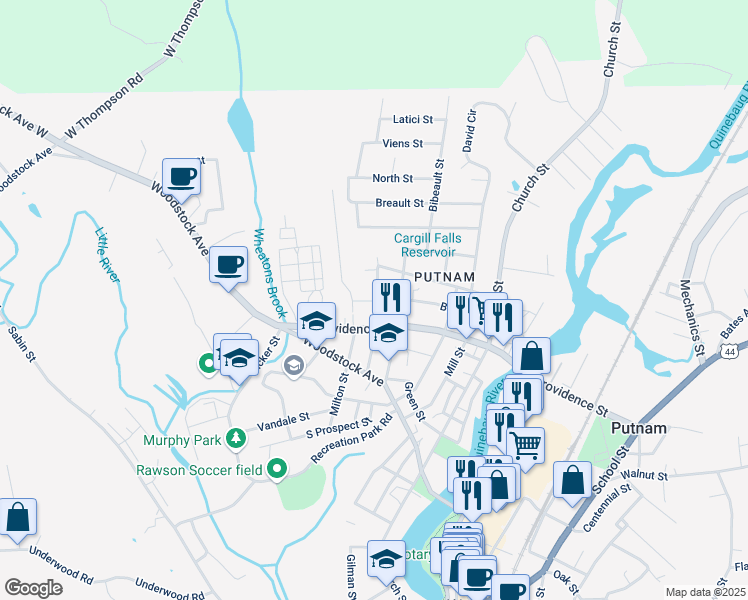 map of restaurants, bars, coffee shops, grocery stores, and more near 96 Battey Street in Putnam