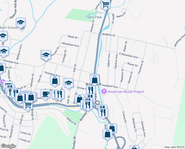 map of restaurants, bars, coffee shops, grocery stores, and more near 140 Wetmore Avenue in Winsted