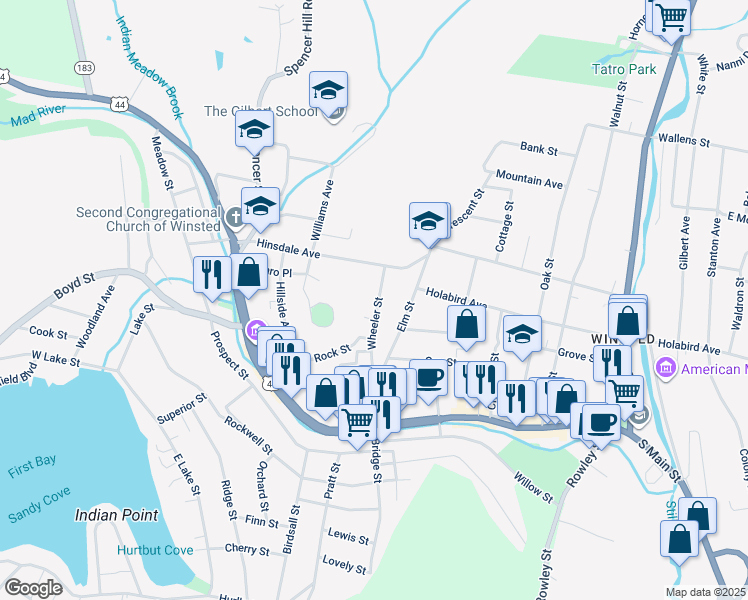 map of restaurants, bars, coffee shops, grocery stores, and more near 71 Wheeler Street in Winsted