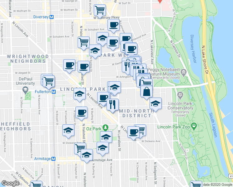 map of restaurants, bars, coffee shops, grocery stores, and more near 559 West Fullerton Avenue in Chicago