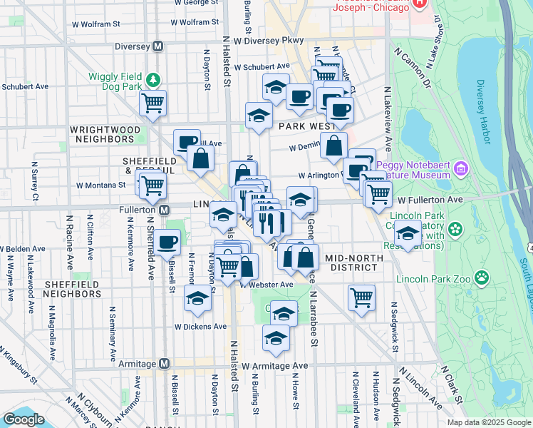 map of restaurants, bars, coffee shops, grocery stores, and more near 2350 North Orchard Street in Chicago
