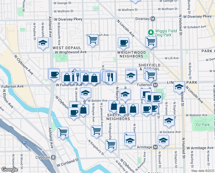 map of restaurants, bars, coffee shops, grocery stores, and more near 1237 West Fullerton Avenue in Chicago