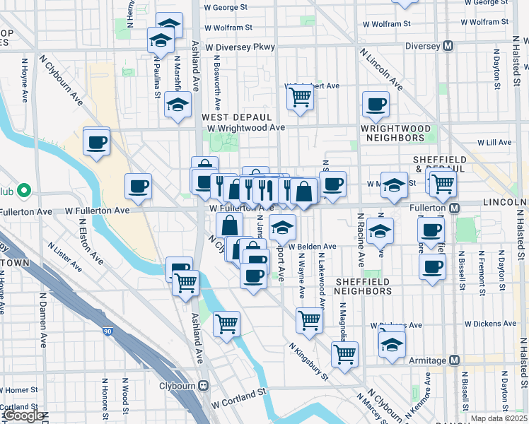 map of restaurants, bars, coffee shops, grocery stores, and more near 1423 West Fullerton Avenue in Chicago