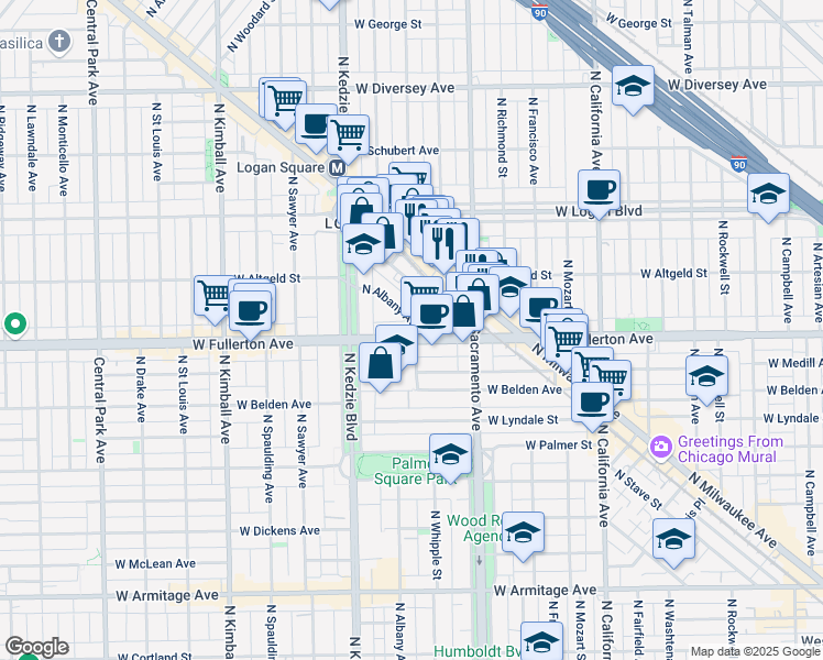 map of restaurants, bars, coffee shops, grocery stores, and more near 3104 West Fullerton Avenue in Chicago