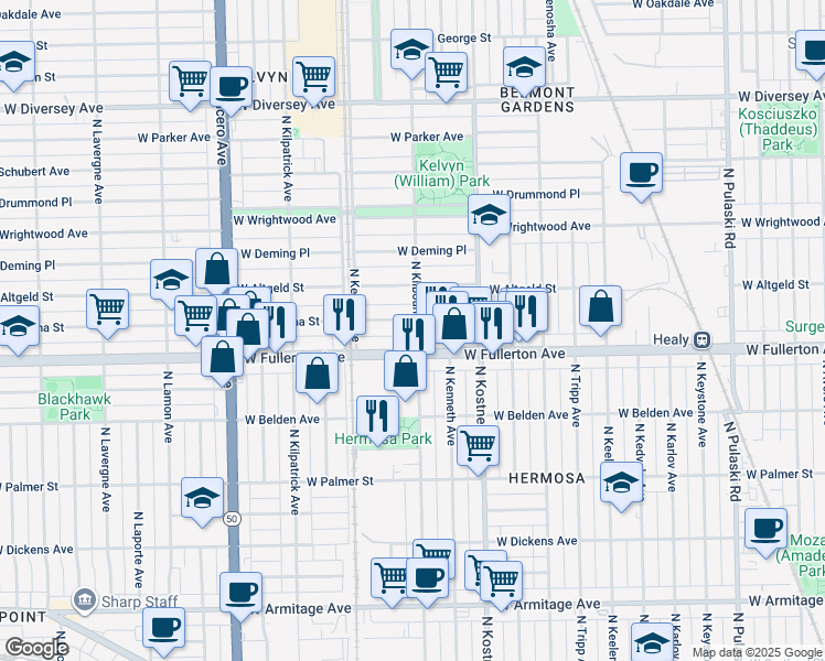 map of restaurants, bars, coffee shops, grocery stores, and more near 4511 West Montana Street in Chicago
