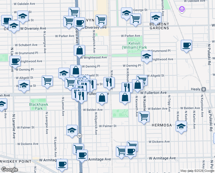 map of restaurants, bars, coffee shops, grocery stores, and more near 4619 West Montana Street in Chicago