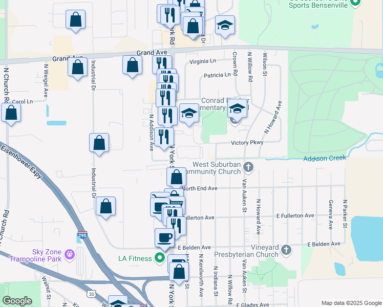 map of restaurants, bars, coffee shops, grocery stores, and more near 841 North York Street in Elmhurst