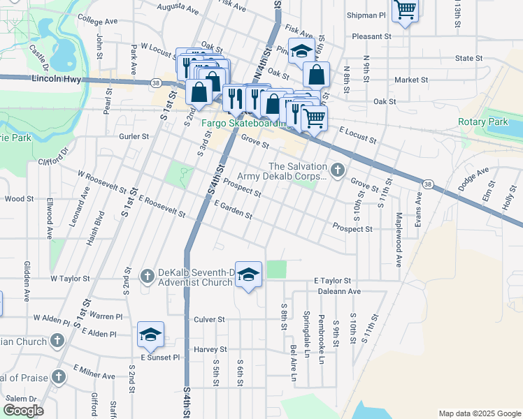 map of restaurants, bars, coffee shops, grocery stores, and more near 420 South 6th Street in DeKalb