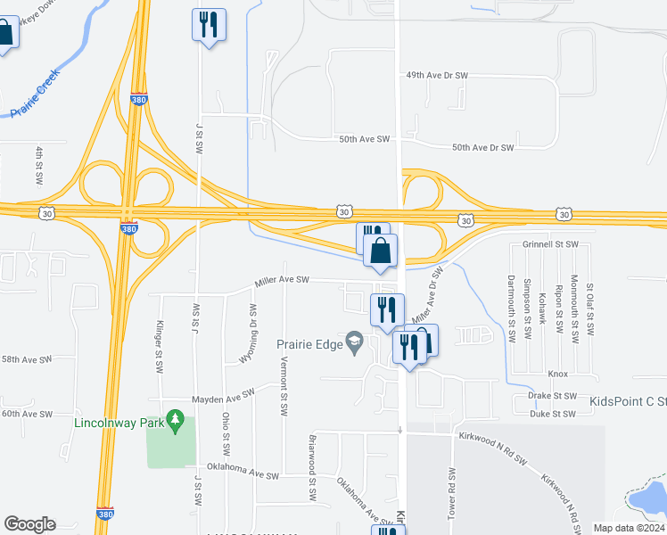 map of restaurants, bars, coffee shops, grocery stores, and more near 72 Miller Avenue Southwest in Cedar Rapids