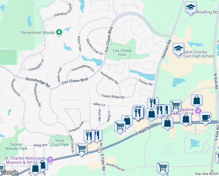 map of restaurants, bars, coffee shops, grocery stores, and more near 1813 Sterling Court in St. Charles