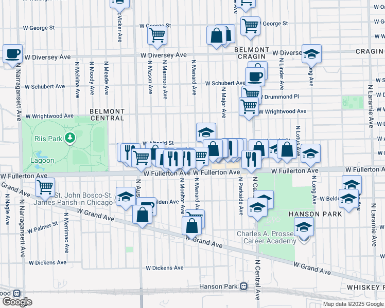 map of restaurants, bars, coffee shops, grocery stores, and more near 2436 North Menard Avenue in Chicago