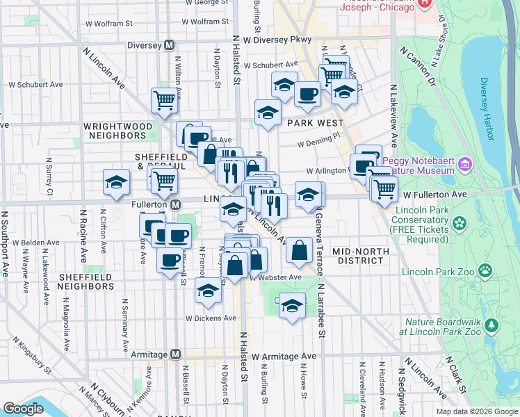 map of restaurants, bars, coffee shops, grocery stores, and more near 2345 North Lincoln Avenue in Chicago