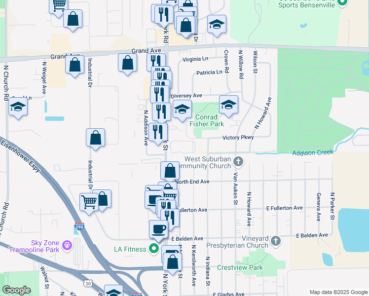 map of restaurants, bars, coffee shops, grocery stores, and more near 841 North York Street in Elmhurst