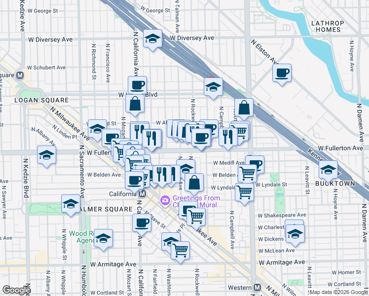 map of restaurants, bars, coffee shops, grocery stores, and more near 2608 West Fullerton Avenue in Chicago