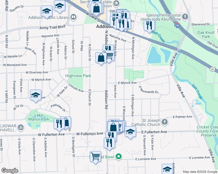 map of restaurants, bars, coffee shops, grocery stores, and more near 109 Addison Road in Addison