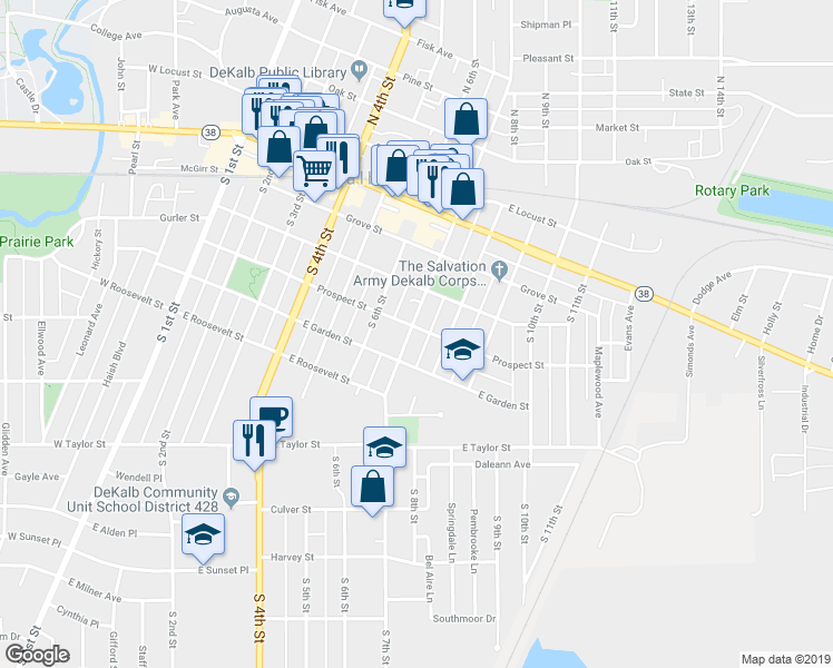 map of restaurants, bars, coffee shops, grocery stores, and more near 404 South 7th Street in DeKalb
