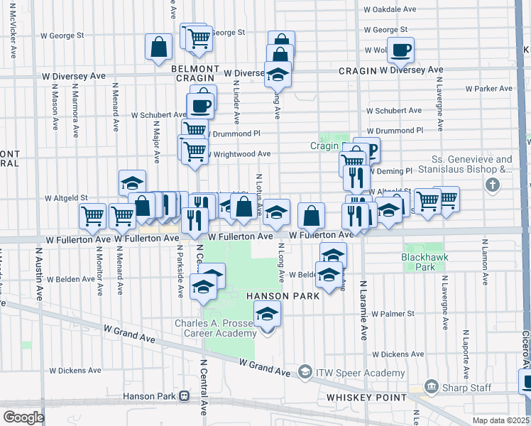 map of restaurants, bars, coffee shops, grocery stores, and more near 2431 N Lotus Ave in Chicago
