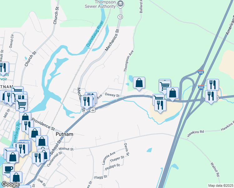 map of restaurants, bars, coffee shops, grocery stores, and more near 15 Dewey Street in Putnam
