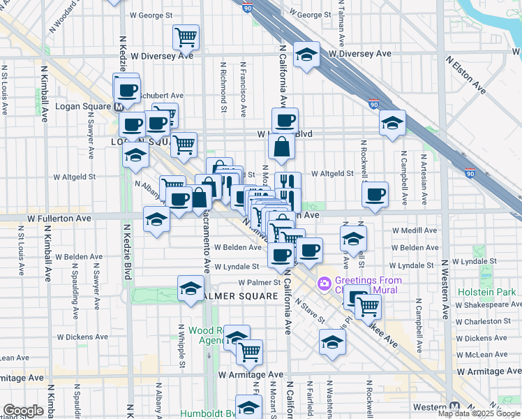 map of restaurants, bars, coffee shops, grocery stores, and more near 2838 West Fullerton Avenue in Chicago