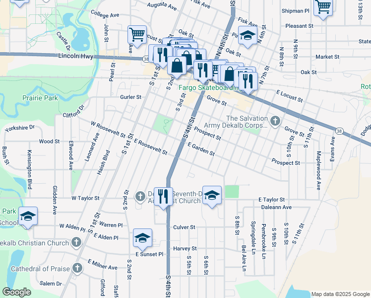 map of restaurants, bars, coffee shops, grocery stores, and more near 512 South 4th Street in DeKalb