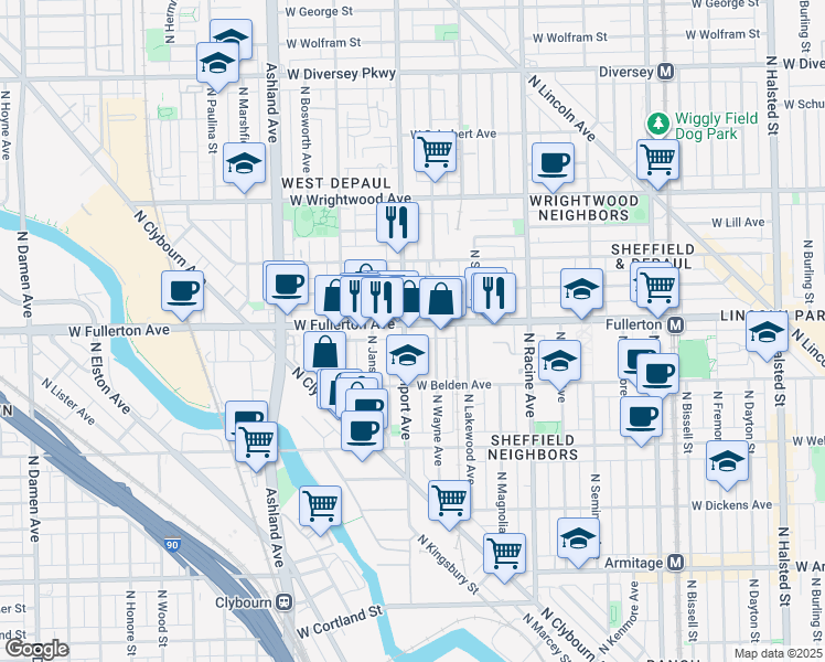 map of restaurants, bars, coffee shops, grocery stores, and more near 1363 West Fullerton Avenue in Chicago