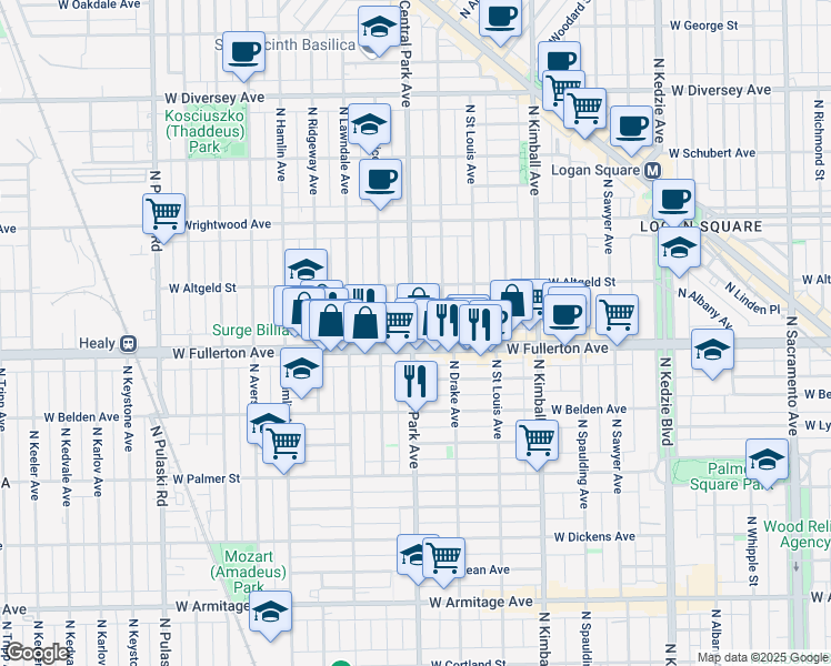 map of restaurants, bars, coffee shops, grocery stores, and more near 2407 North Central Park Avenue in Chicago