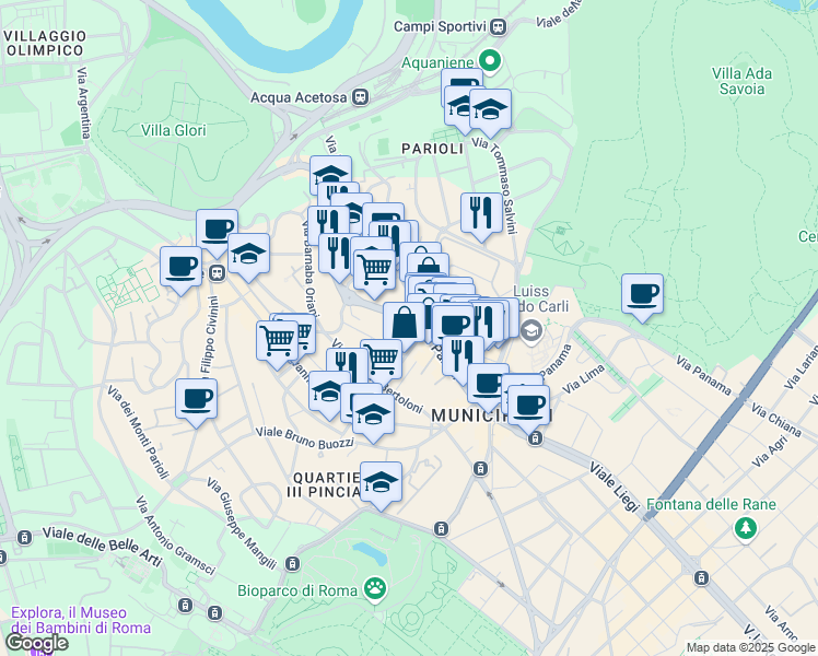 map of restaurants, bars, coffee shops, grocery stores, and more near 49 Viale Parioli in Roma