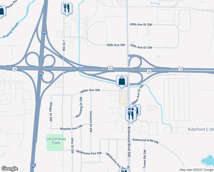 map of restaurants, bars, coffee shops, grocery stores, and more near 72 Miller Avenue Southwest in Cedar Rapids