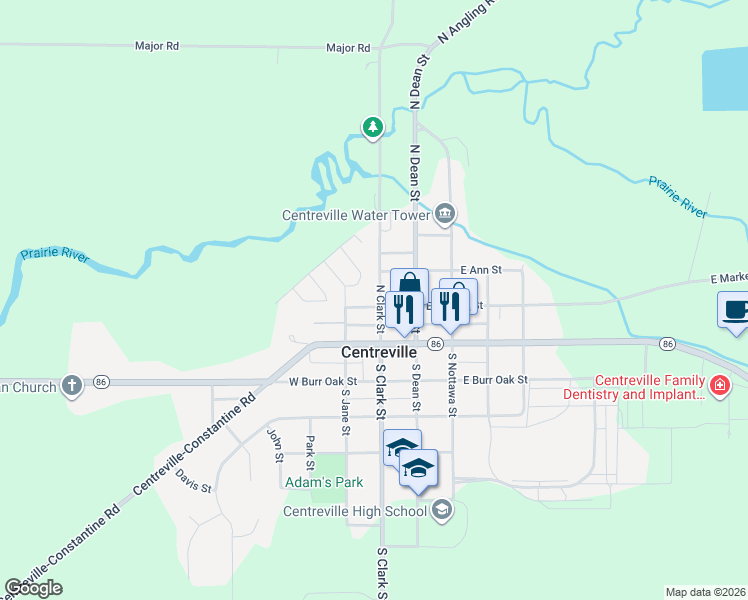 map of restaurants, bars, coffee shops, grocery stores, and more near 205 North Clark Street in Centreville
