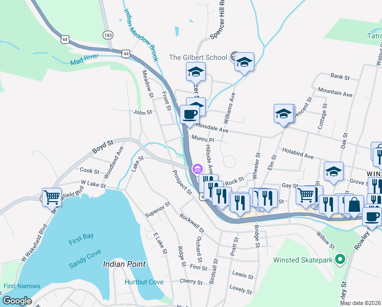 map of restaurants, bars, coffee shops, grocery stores, and more near 716 Main Street in Winsted