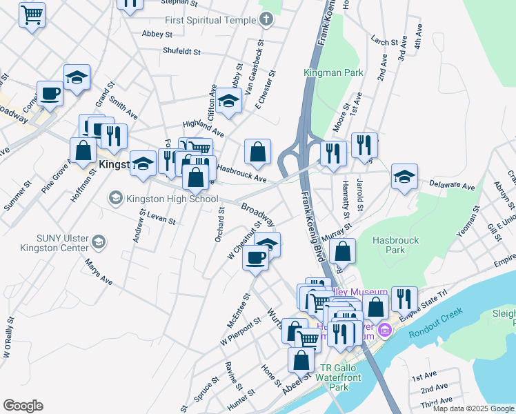 map of restaurants, bars, coffee shops, grocery stores, and more near 252 Broadway in Kingston