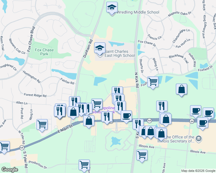 map of restaurants, bars, coffee shops, grocery stores, and more near 600 Courtyard Drive in St. Charles
