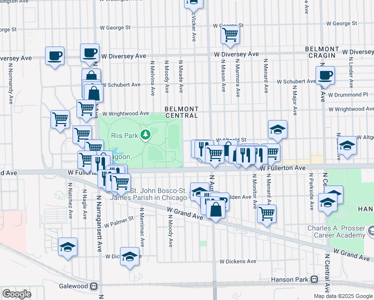 map of restaurants, bars, coffee shops, grocery stores, and more near 2441 North Meade Avenue in Chicago