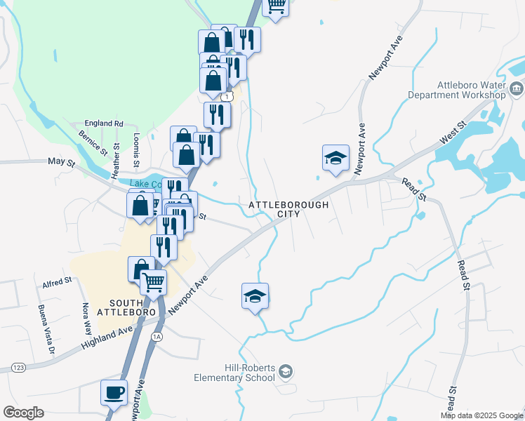 map of restaurants, bars, coffee shops, grocery stores, and more near 10 Boardman Lane in Attleboro