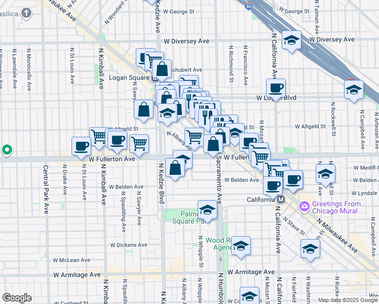 map of restaurants, bars, coffee shops, grocery stores, and more near 3104 West Fullerton Avenue in Chicago