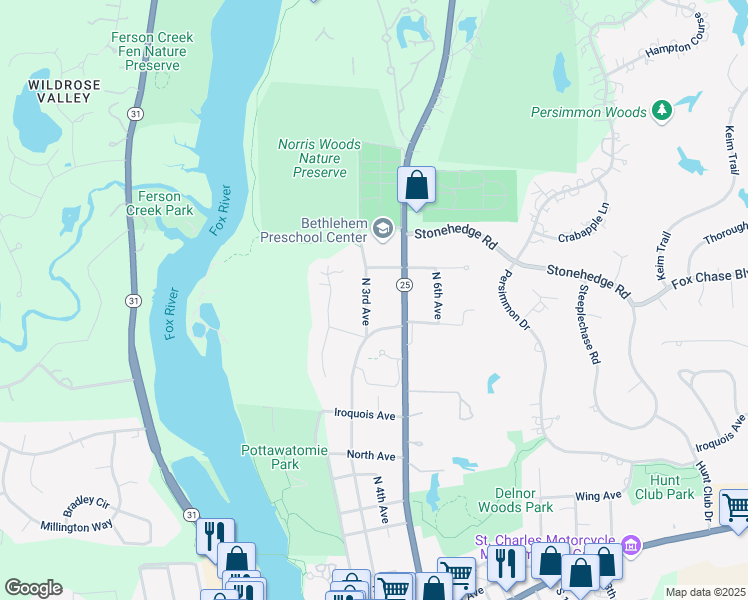 map of restaurants, bars, coffee shops, grocery stores, and more near 1030 North 3rd Avenue in St. Charles